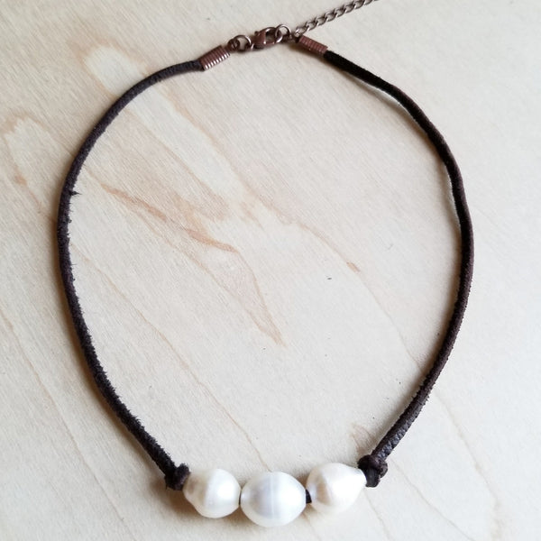 Triple Freshwater Pearl Brown Leather Choker Necklace - Amethyst & Opal 