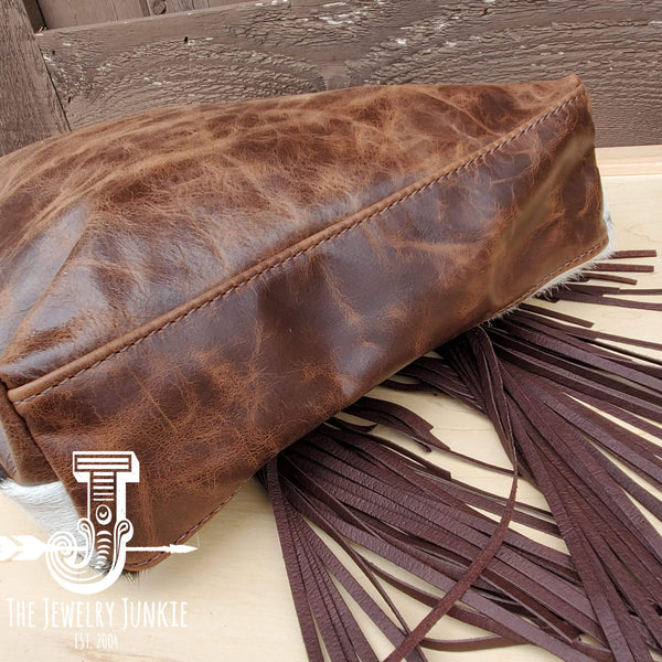 Tejas Leather Bucket Handbag w/ Brown Fringe & Turquoise Slabs - Amethyst & Opal 
