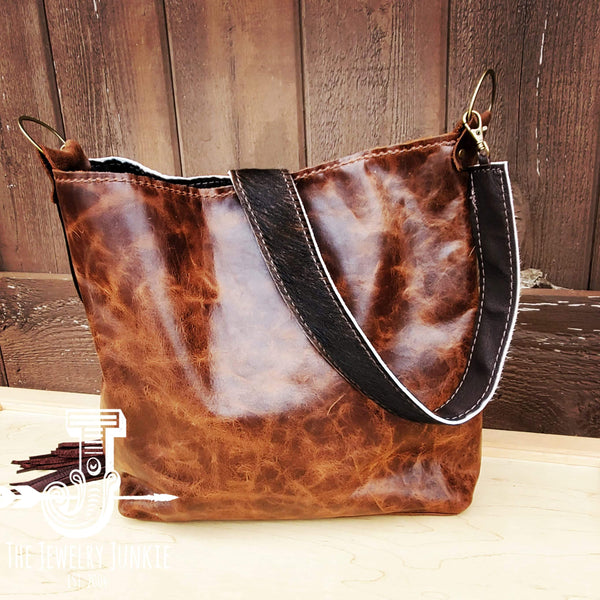 Tejas Leather Bucket Handbag w/ Brown Fringe & Turquoise Slabs - Amethyst & Opal 