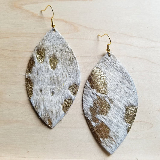 Leather Oval Earrings-Cream and Gold Hair on Hide - Amethyst & Opal 